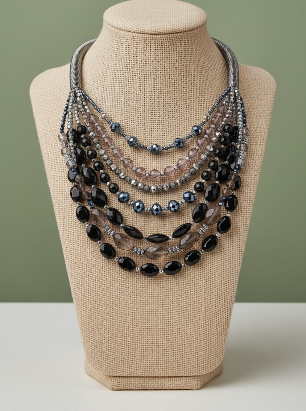 Black Multistrand Beaded Statement Necklace And Earrings Set